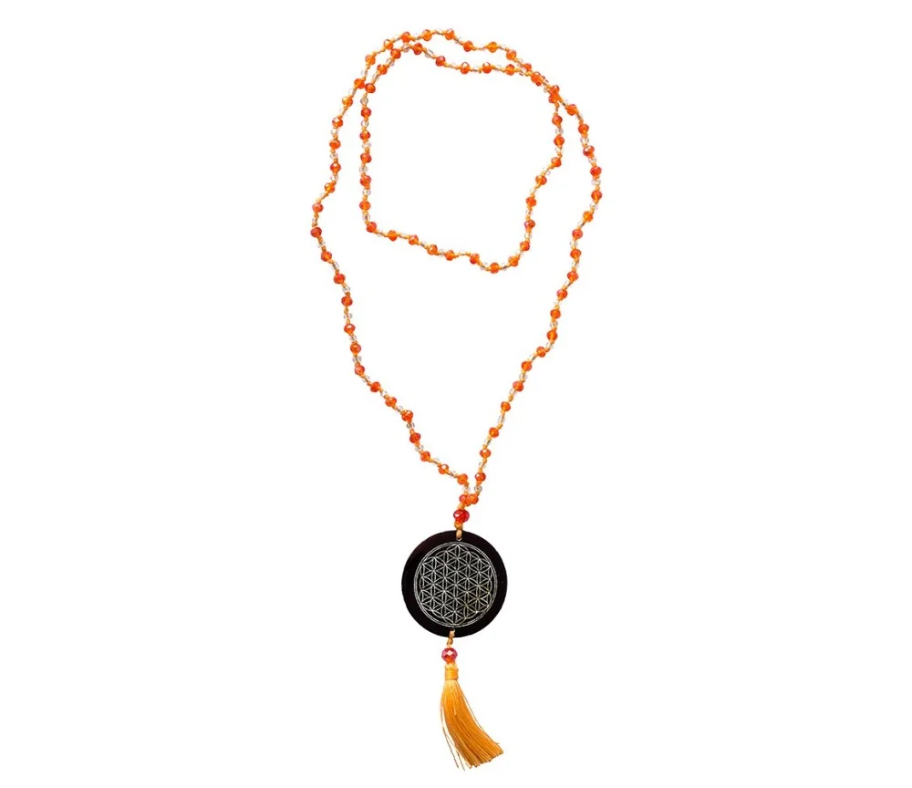 Mala - Flower of Life- Glasperlen Orange mit gelaserter Muschelscheibe 45cm