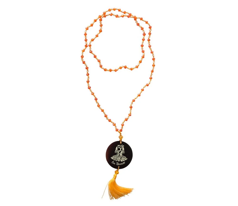 Mala - Om Namaste- Glasperlen Orange mit gelaserter Muschelscheibe 45cm