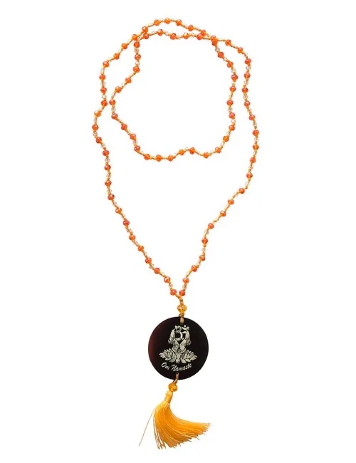 Mala "Om Namaste" Glasperlen Orange mit gelaserter Muschelscheibe 45cm