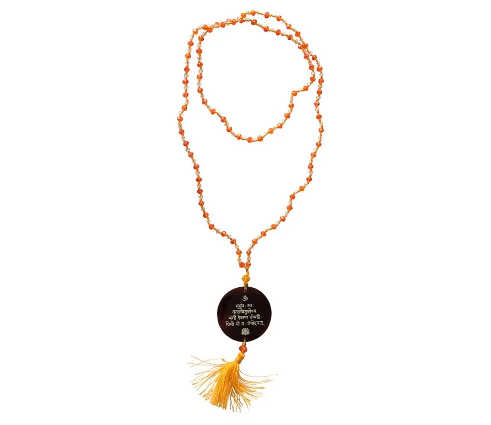 Mala - Gayathri Mantra- Glasperlen Orange mit gelaserter Muschelscheibe 45cm