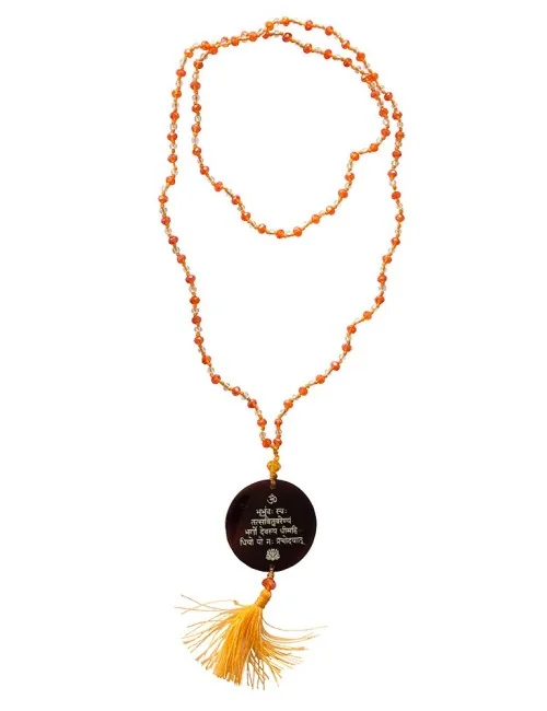 Mala "Gayathri Mantra" Glasperlen Orange mit gelaserter Muschelscheibe 45cm