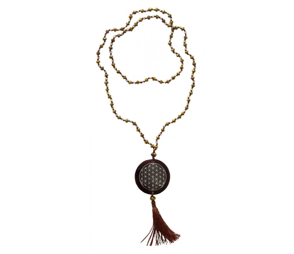 Mala - Flower of Life- Glasperlen goldfarben mit gelaserter Muschelscheibe 45cm