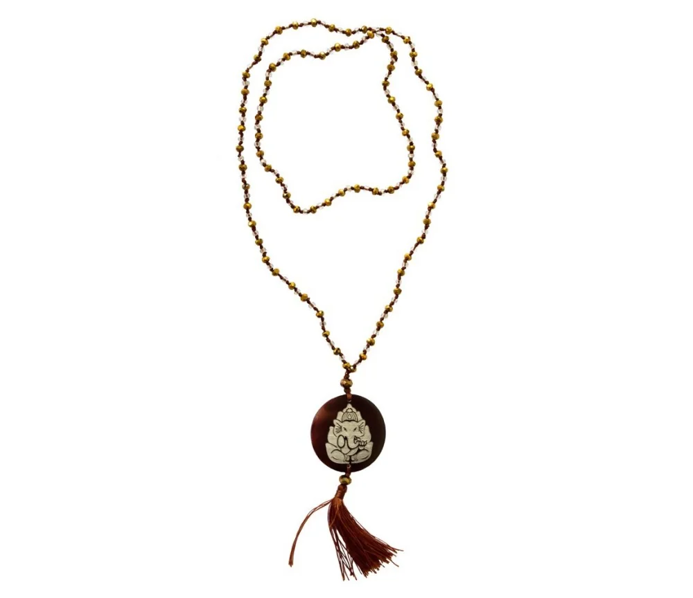 Mala - Ganesha- Glasperlen goldfarben mit gelaserter Muschelscheibe 45cm