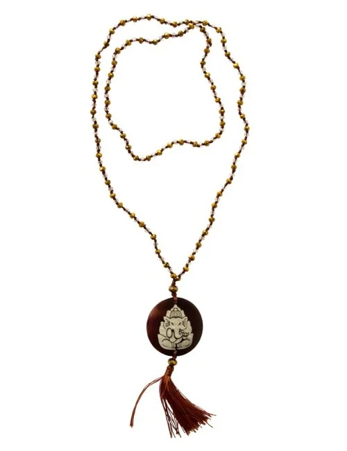 Mala "Ganesha" Glasperlen goldfarben mit gelaserter Muschelscheibe 45cm