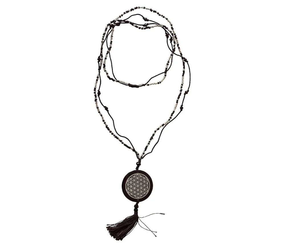 Mala - Flower of Life- Glasperlen schwarz mit gelaserter Muschelscheibe 46cm