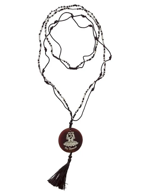 Mala "Om Namaste" Glasperlen schwarz mit gelaserter Muschelscheibe 46cm