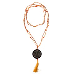Mala - Flower of Life- Glasperlen orange mit gelaserter Muschelscheibe 46cm