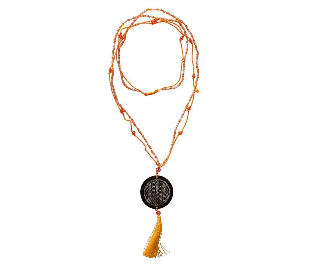 Mala - Flower of Life- Glasperlen orange mit gelaserter Muschelscheibe 46cm