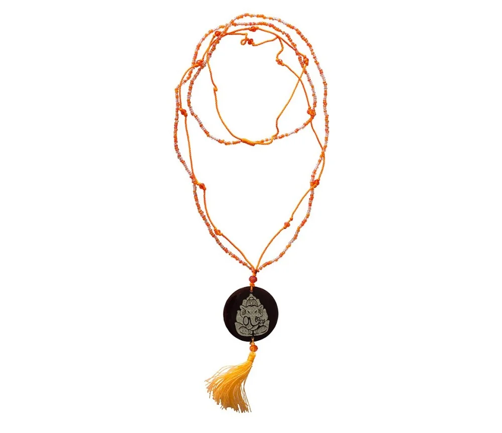 Mala - Ganesha- Glasperlen orange mit gelaserter Muschelscheibe 46cm