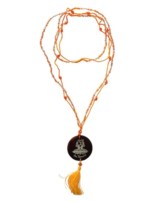 Mala "Om Namaste" Glasperlen orange mit gelaserter Muschelscheibe 46cm