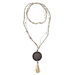Mala - Flower of Life- Glasperlen goldfarben mit gelaserter Muschelscheibe 46cm