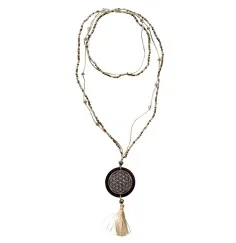 Mala - Flower of Life- Glasperlen goldfarben mit gelaserter Muschelscheibe 46cm