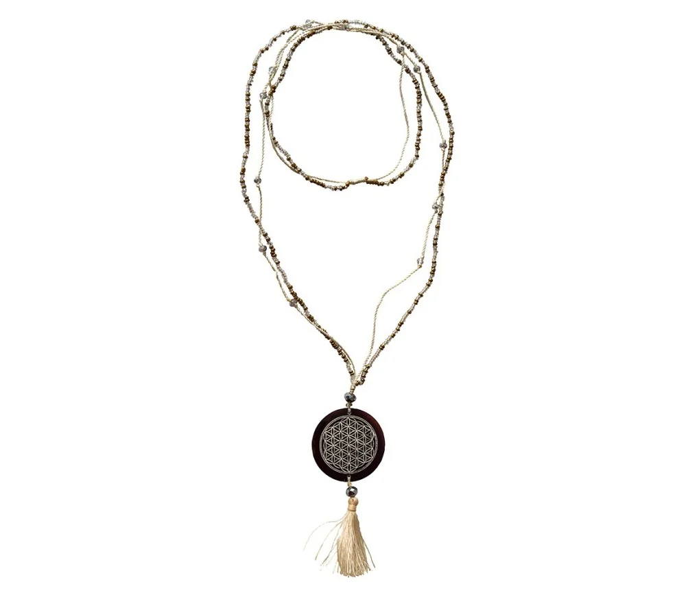 Mala - Flower of Life- Glasperlen goldfarben mit gelaserter Muschelscheibe 46cm