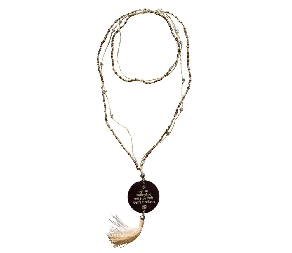 Mala - Gayathri Mantra- Glasperlen goldfarben mit gelaserter Muschelscheibe 46cm