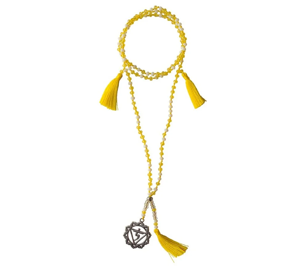 Chakra - Mala -Manipura Chakra- Glasperlen, Metall (Nickelfrei) gelb/ weiß 48cm