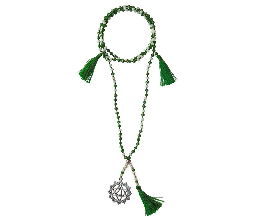 Chakra - Mala -Anahatam Chakra- Glasperlen, Metall (Nickelfrei) grün/ weiß 48cm