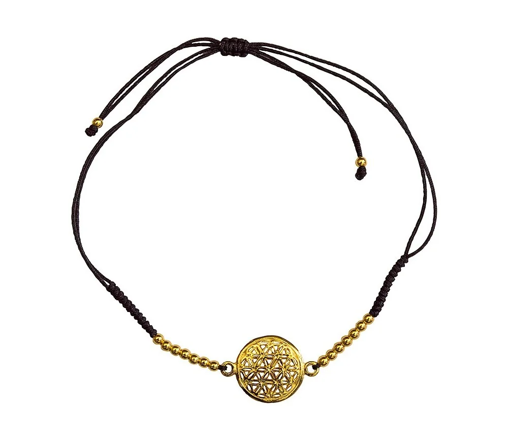 Armband - Blume des Lebens- 1,2cm Silber vergoldet mit verstellbarem Baumwollband