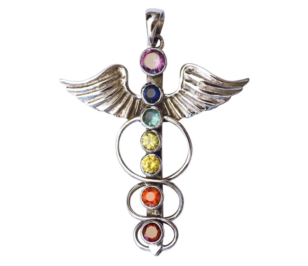 Anhänger - Angel-Kundalini- mit Chakrasteinen Messing versilbert