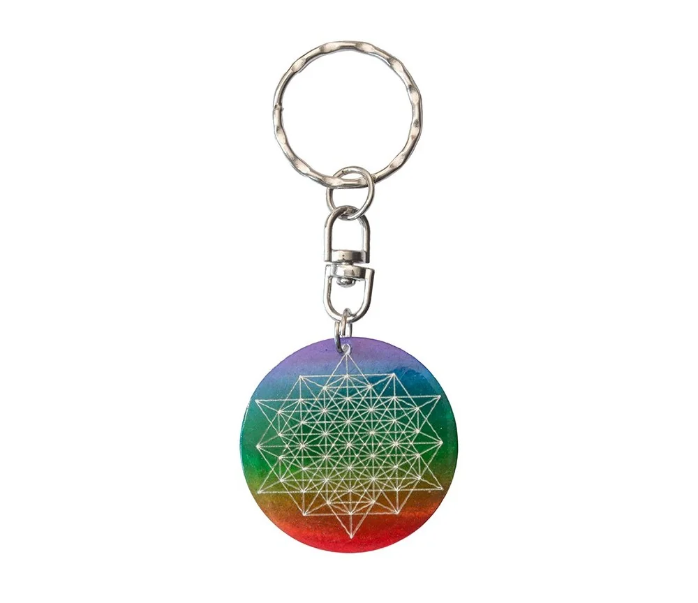 SchlüsselAnhänger - Blume des Lebens- Nylon braun 18cmStern Tetraeder- Muschel rainbow 3,5cm