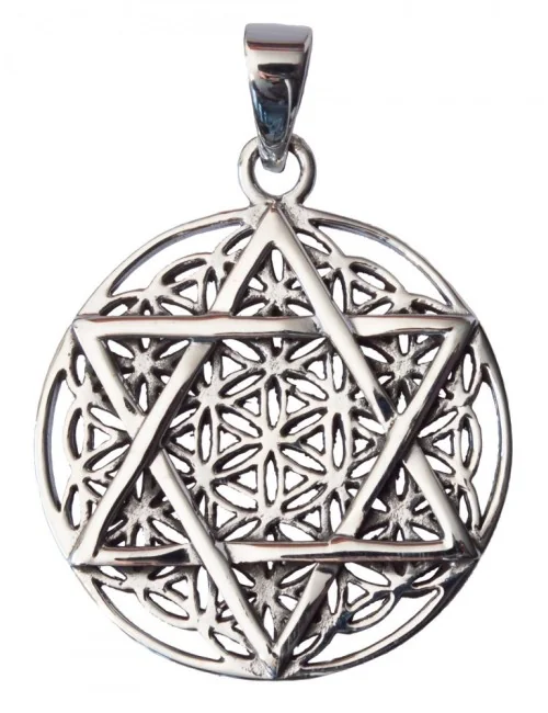 Anhänger "Blume des Lebens mit Hexagram" Messing-versilbert