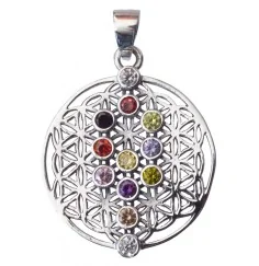 Anhänger - Blume des Lebens mit Lebensbaum- 12 Zirkonen Messing-versilbert