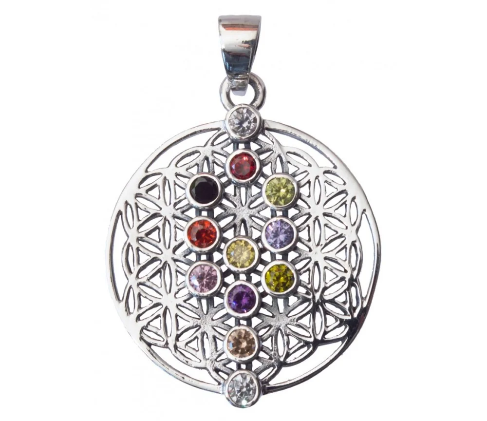 Anhänger - Blume des Lebens mit Lebensbaum- 12 Zirkonen Messing-versilbert