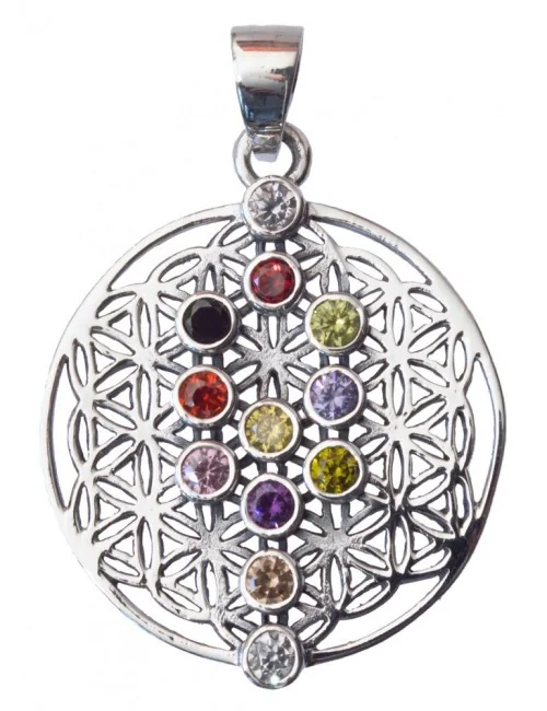 Anhänger "Blume des Lebens mit Lebensbaum" 12 Zirkonen Messing-versilbert