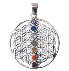 Anhänger -  Blume des Lebens mit Chakren- 7 Zirkonen Messing-versilbert