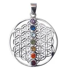 Anhänger - Blume des Lebens mit Chakren- 7 Zirkonen Messing-versilbert