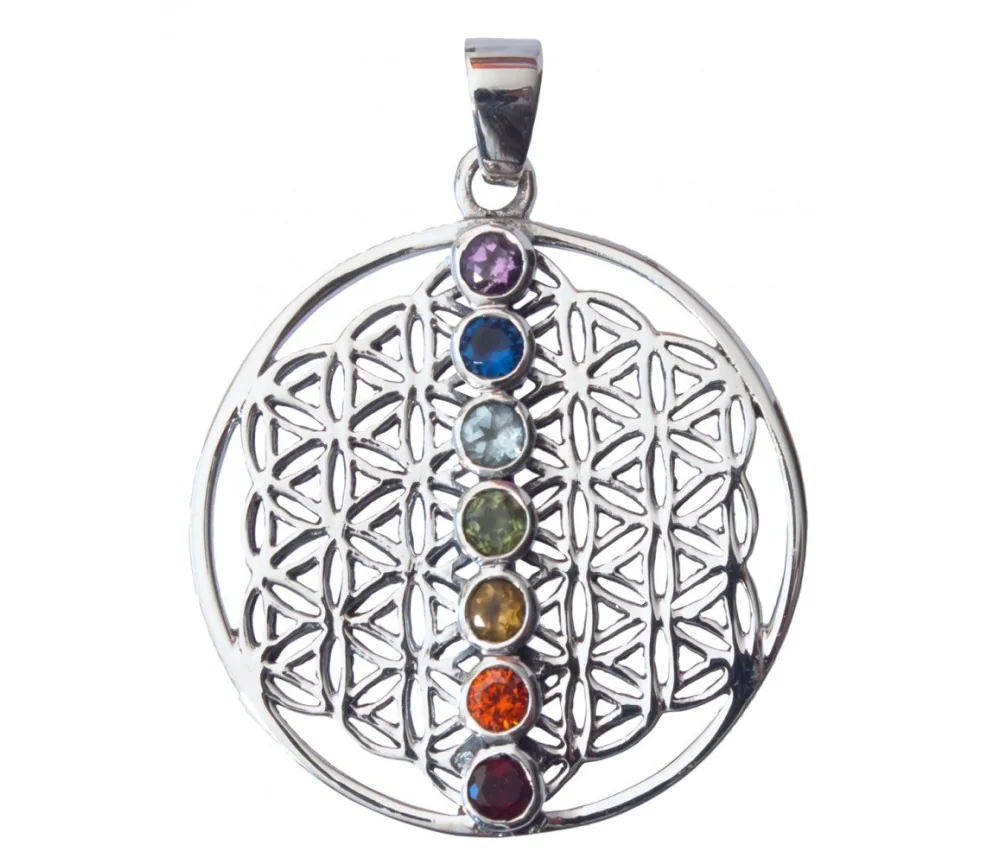 Anhänger - Blume des Lebens mit Chakren- 7 Zirkonen Messing-versilbert