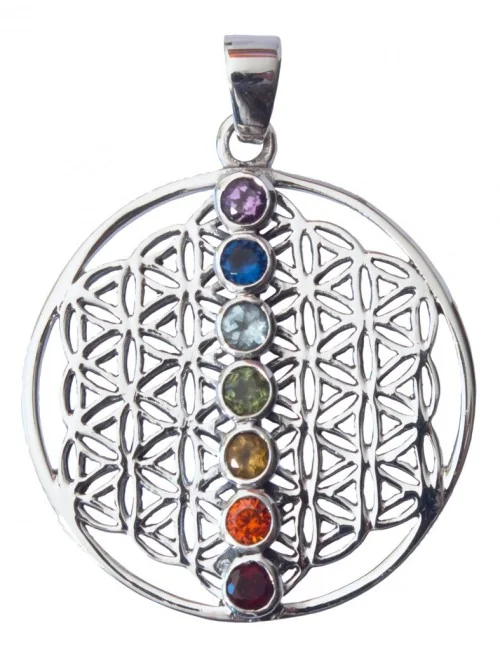 Anhänger "Blume des Lebens mit Chakren" 7 Zirkonen Messing-versilbert