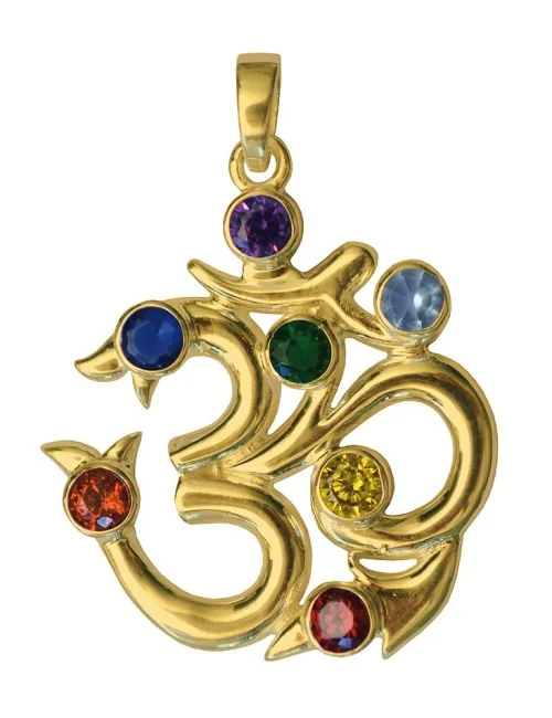 Anhänger "Om" 7 Chakrensteine Zirkon Messing