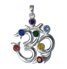 Anhänger -  Om- 7 Chakrensteine Zirkon Messing versilbert