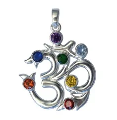 Anhänger - Om- 7 Chakrensteine Zirkon Messing versilbert