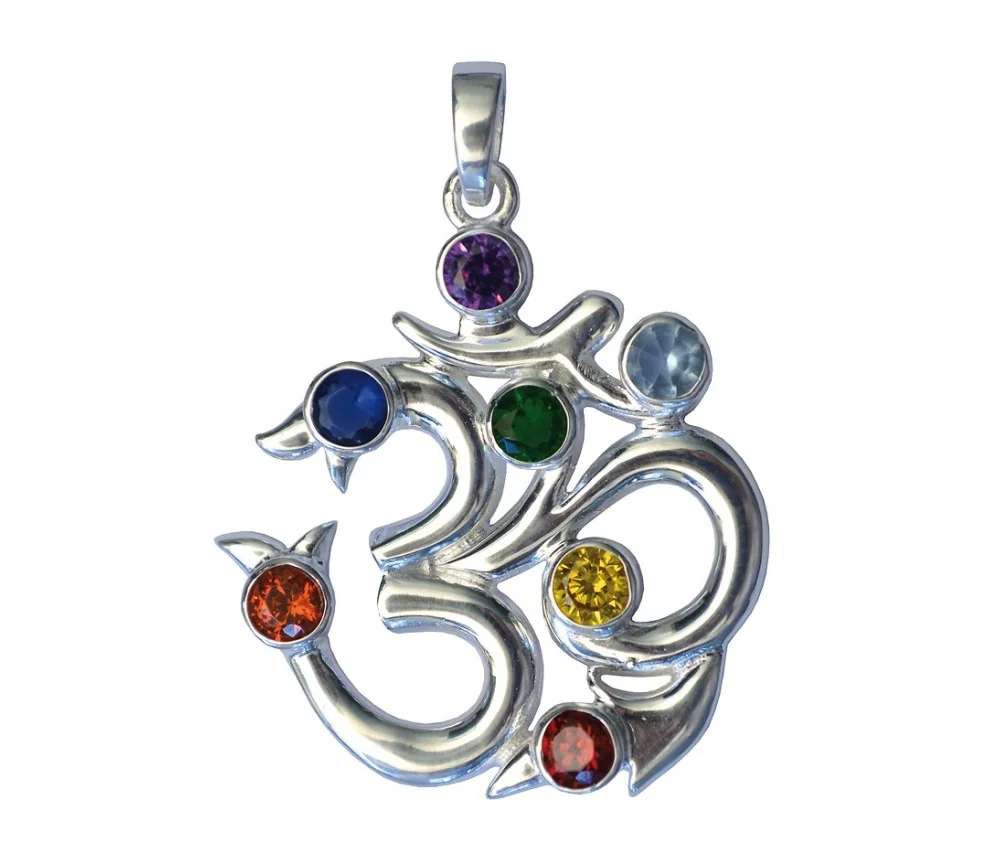 Anhänger - Om- 7 Chakrensteine Zirkon Messing versilbert