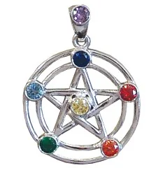 Anhänger - Pentagramm- 7 Chakrensteine Messing versilbert