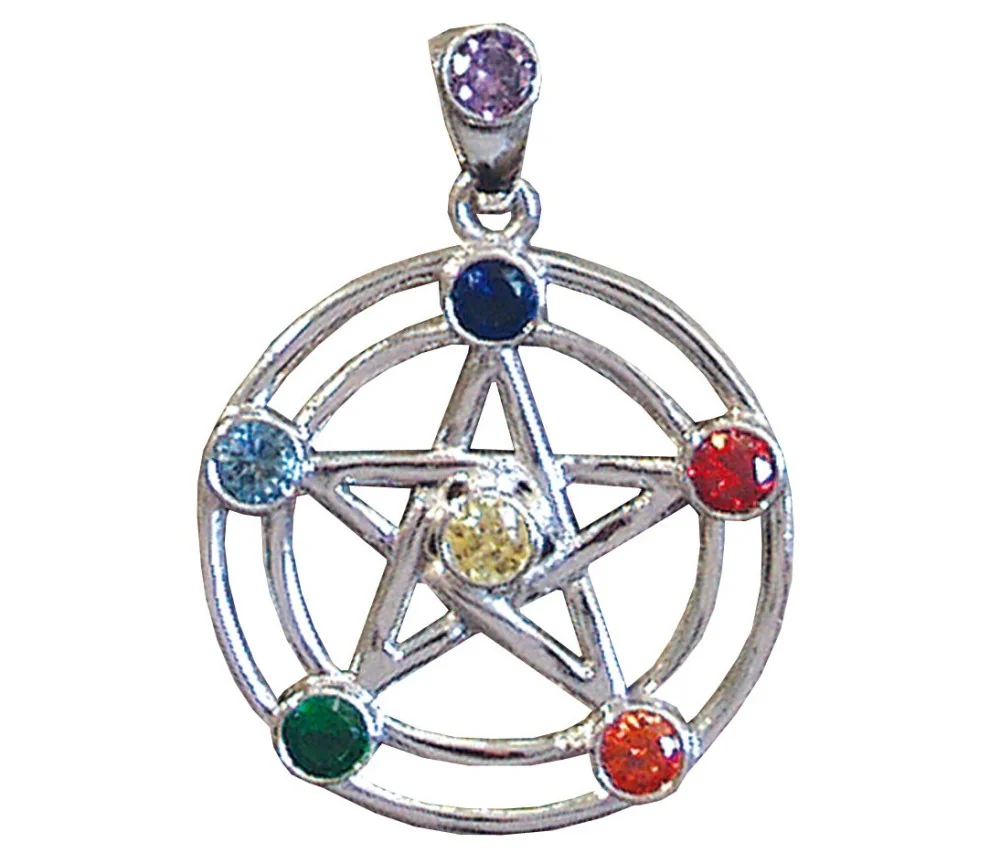 Anhänger - Pentagramm- 7 Chakrensteine Messing versilbert