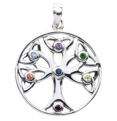 Anhänger -  Baum des Lebens- mit 7 Zirkonia Messing versilbert 3,7g 2,5cm