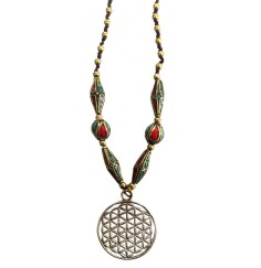 Halskette - Blume des Lebens - Kupfer mit Messing- und Nepalperlen 55cm