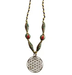 Halskette - Blume des Lebens - Kupfer mit Messing- und Nepalperlen 55cm