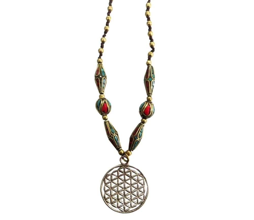 Halskette - Blume des Lebens - Kupfer mit Messing- und Nepalperlen 55cm