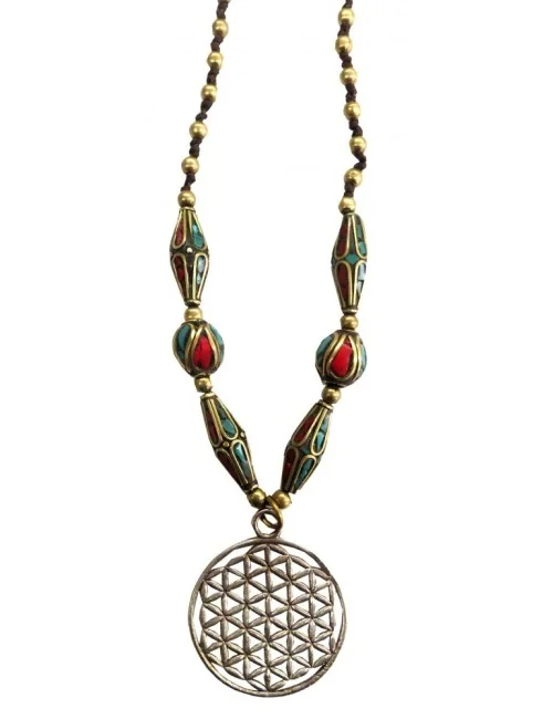 Halskette "Blume des Lebens " Kupfer mit Messing- und Nepalperlen 55cm
