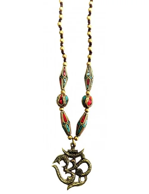 Halskette "Om" mit Messing- und Nepalperlen 55cm