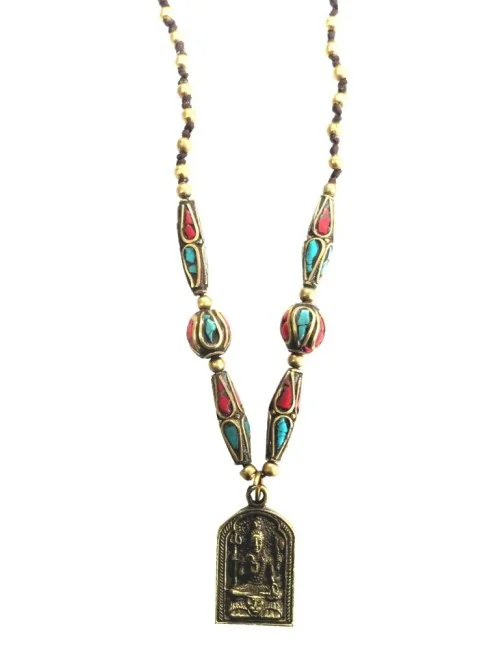 Halskette "Shiva Amulett" mit Messing- und Nepalperlen 55cm