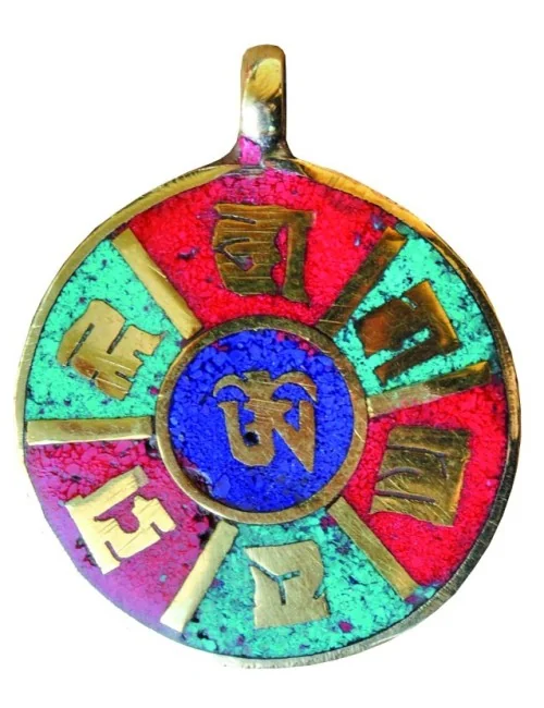 Anhänger "Om Mani Padme Hum" grün/rot Messing rund 2