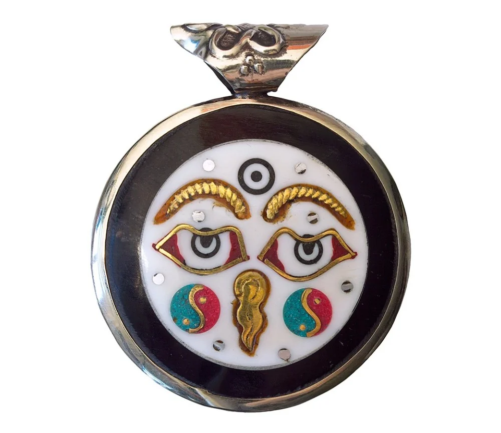 Anhänger - Om Mani Padme Hum- Weissmetall schwarz 4,0x4,5cm