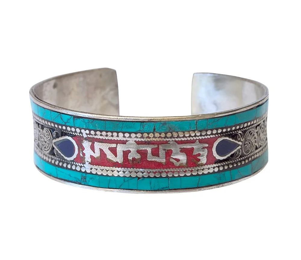 Armreif - Om Mani Padme Hum- Weissmetal grün 6,5cm