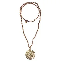 Halskette - Blume des Lebens- 3,5cm mit 80 Messingperlen 35cm