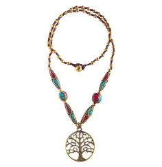 Halskette - Baum des Lebens- mit Messing- und Nepalperlen 55cm