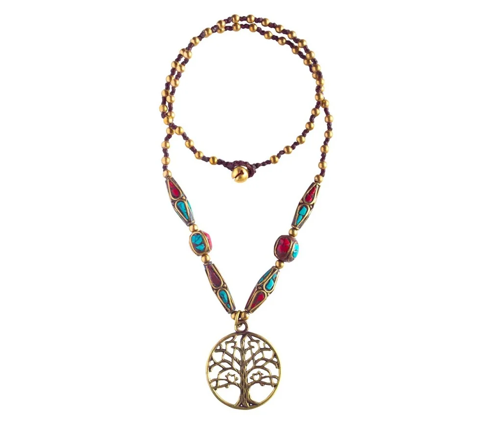 Halskette - Baum des Lebens- mit Messing- und Nepalperlen 55cm
